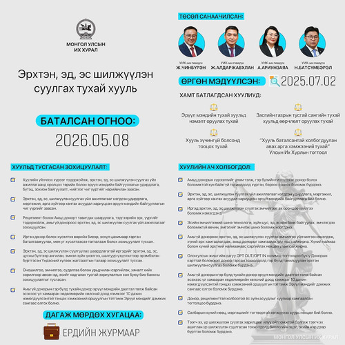 Эрхтэн, эд, эс шилжүүлэн суулгах тухай хуулийг ердийн журмаар дагаж мөрдөнө